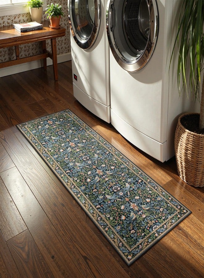 Morebes Floral 24x60 Bathroom Runner Rug Non Slip, Washable Flower Rugs for Kitchen Floor, Vintage Soft Boho Botanical Indoor Carpet Runner for Bedroom Entrance Entryway, Navy Blue - Image 2